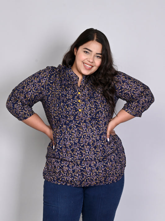 Women Plus Size Navy Blue & Green Printed Pintuck Mandarin Collar Longline Top