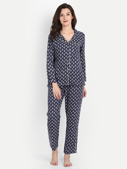 Women Navy Paisley Print Rayon Pyjama & Shirt Nightsuit Set