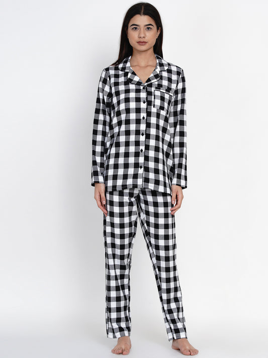 Women Black & White Checked Cotton Pyjama & Shirt Nightsuit Set