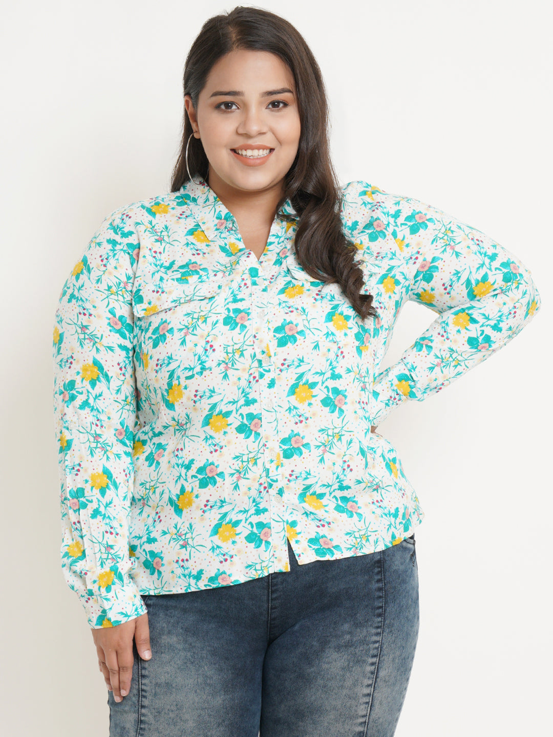 Women Multicolor Floral Printed Collar Style Plus Size Top