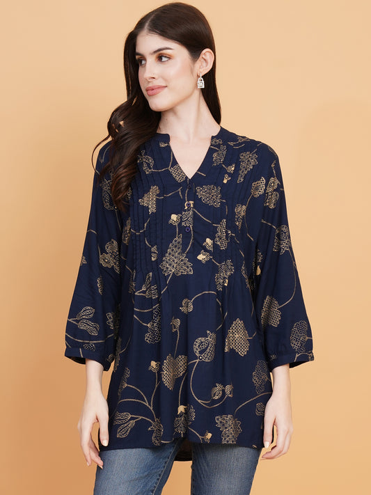 Women Navy Blue Pintuck Mandarin Collar Pintuck Tunic