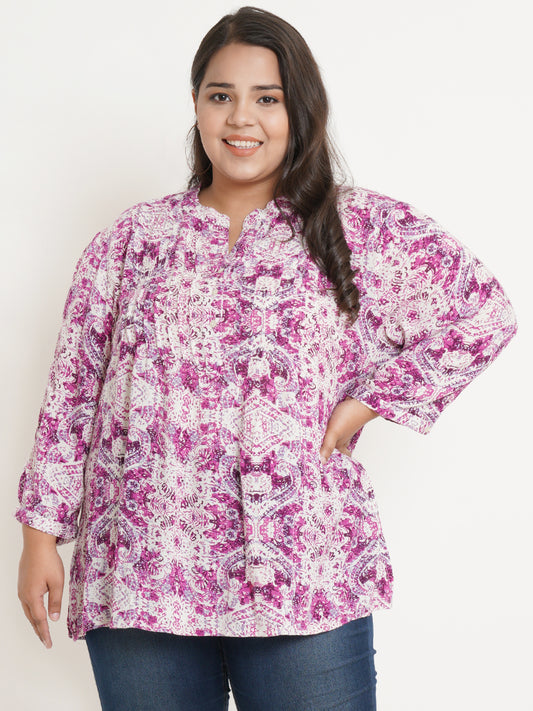 Women Pink & White Abstract Printed Mandarin Collar Plus Size Top