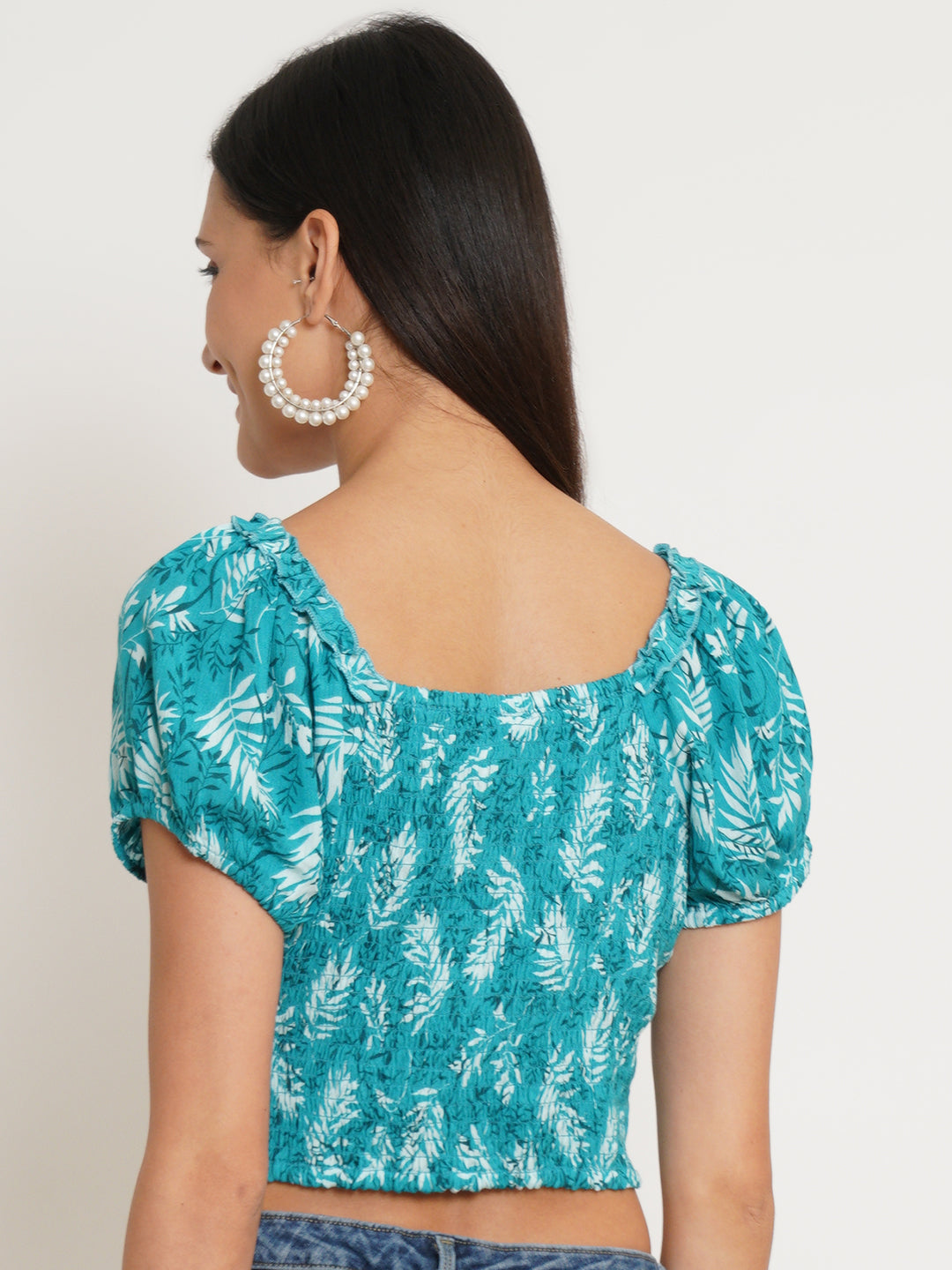 Women Turquoise Blue & White Printed Self Design Smocked Crop Top