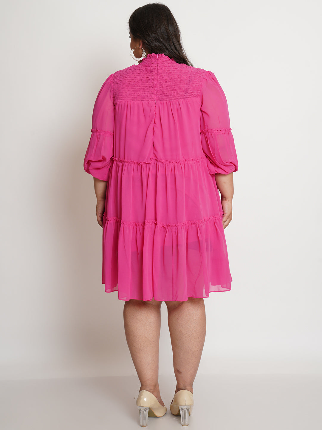 Women Pink High Neck Smocked A-Line Plus Size Dress