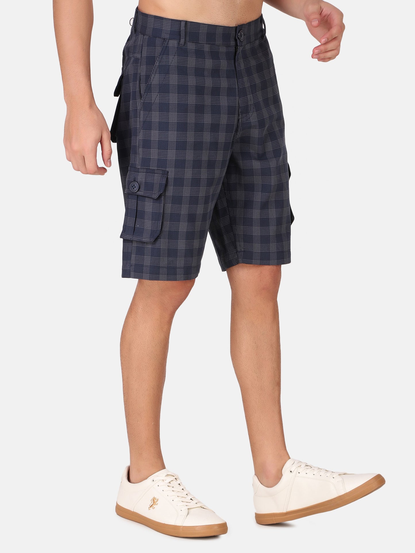 Men Navy Blue & Grey Checkred Regular Fit Cargo Shorts