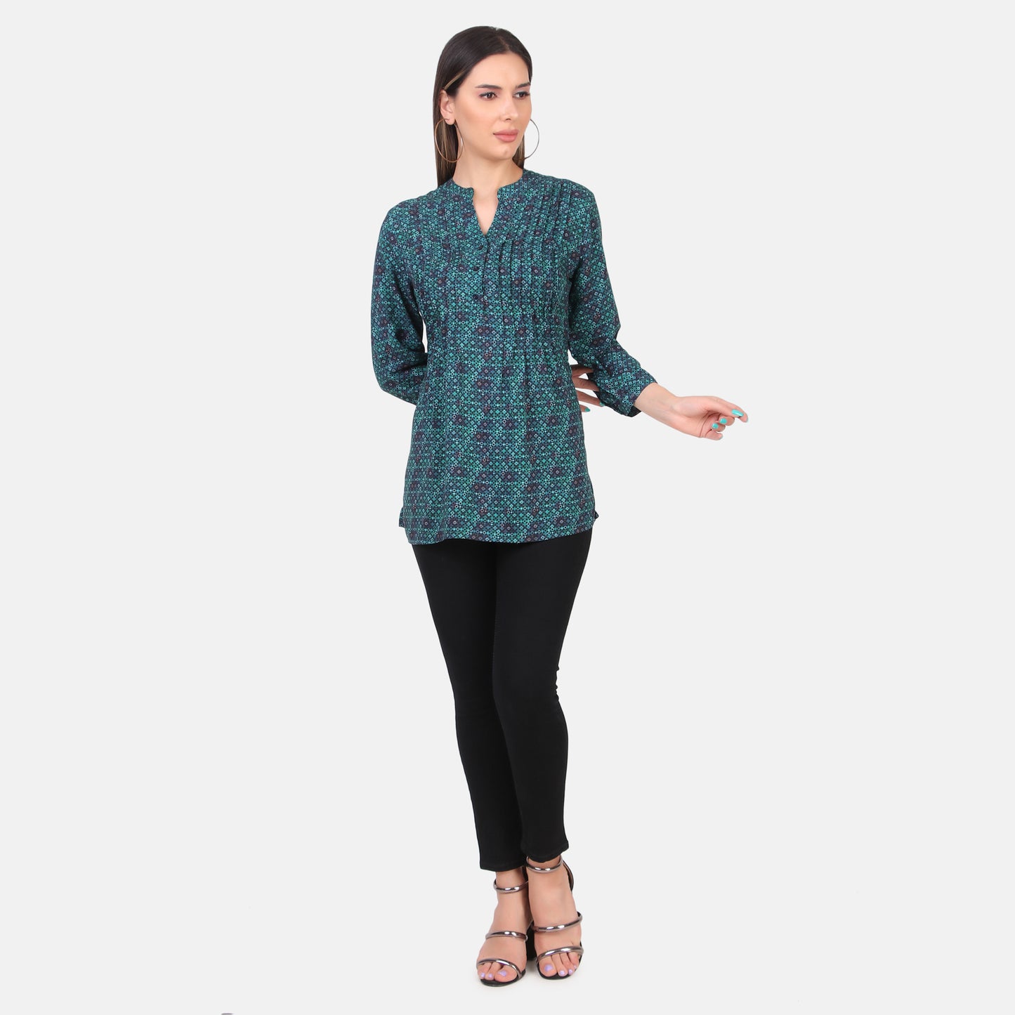 Women Green & Navy Geometric Print Mandarin Collar Pintuck Tunic