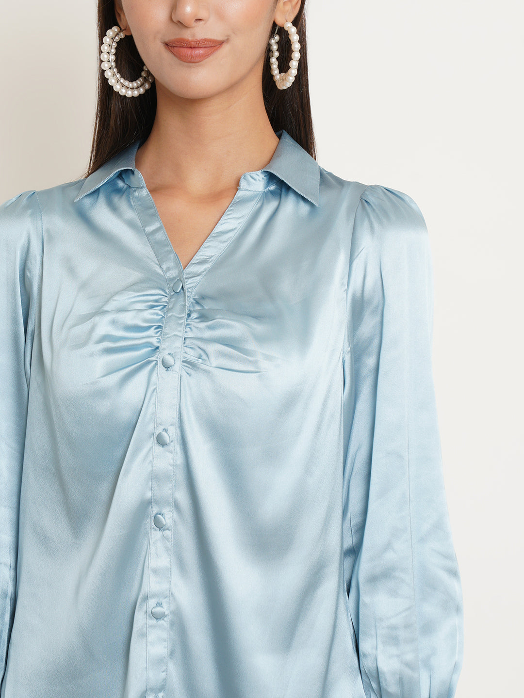 Women Silver Solid Satin Full Sleeves Shirt Collared Tops