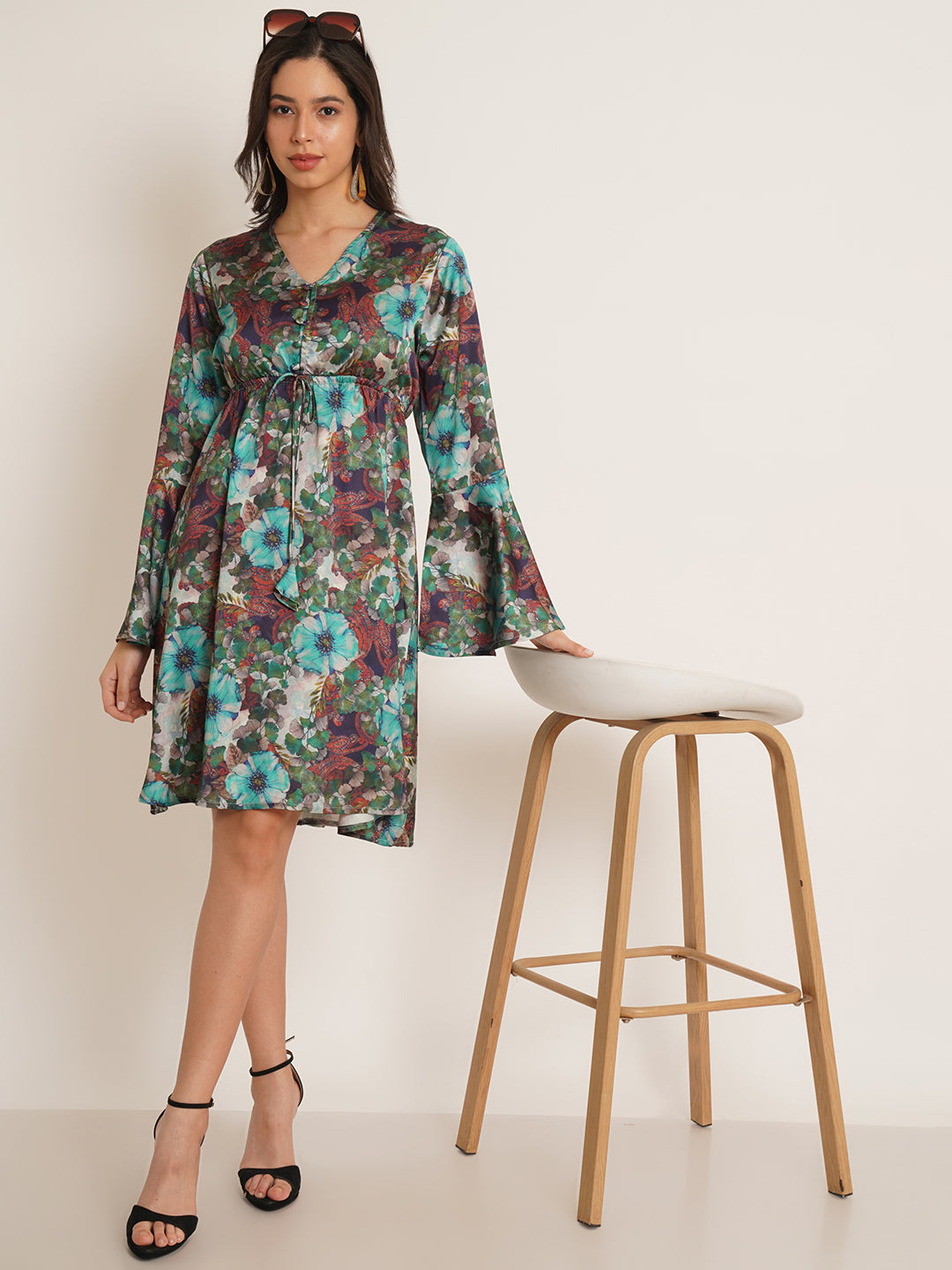 Women Green & Blue Printed Bell Sleeve Drawstring Fit & Flare Dress