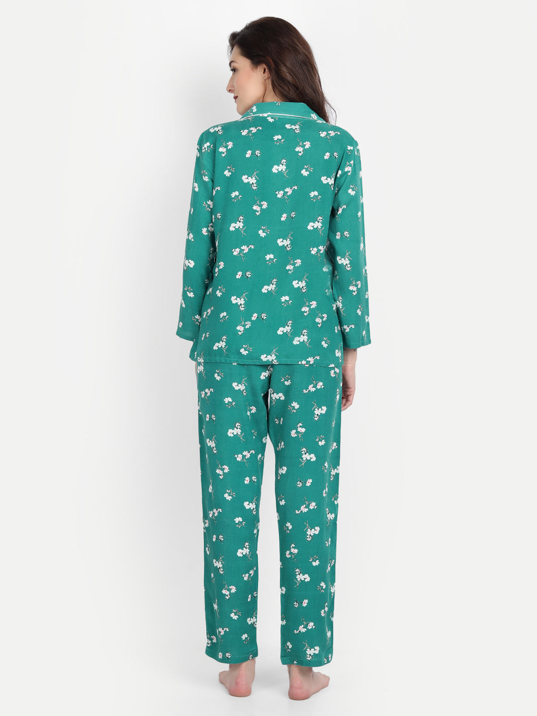 Women Green Floral Print Rayon Pyjama & Shirt Nightsuit Set