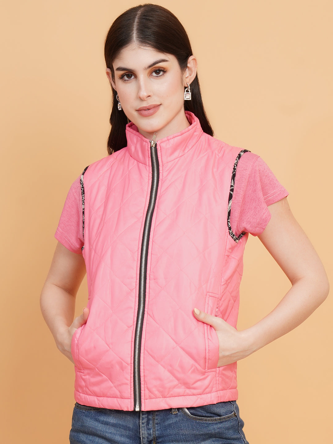 Women Pink Solid Quilted Jacket