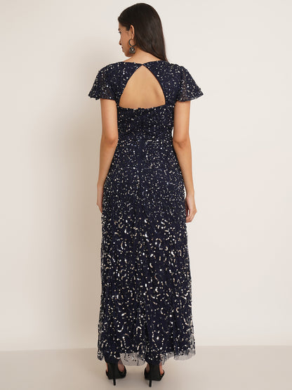 Women Navy Blue Embellished Flutter Sleeves V-Neck Maxi Dress