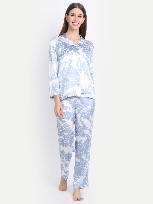 Women Satin Blue & White Pyjama & Shirt Nightsuit Set
