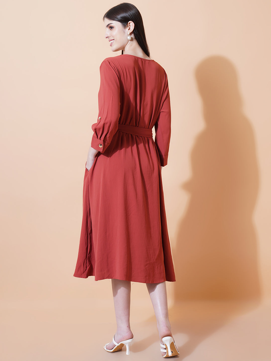 Women Red Solid Drawstring V-Neck Midi Dress