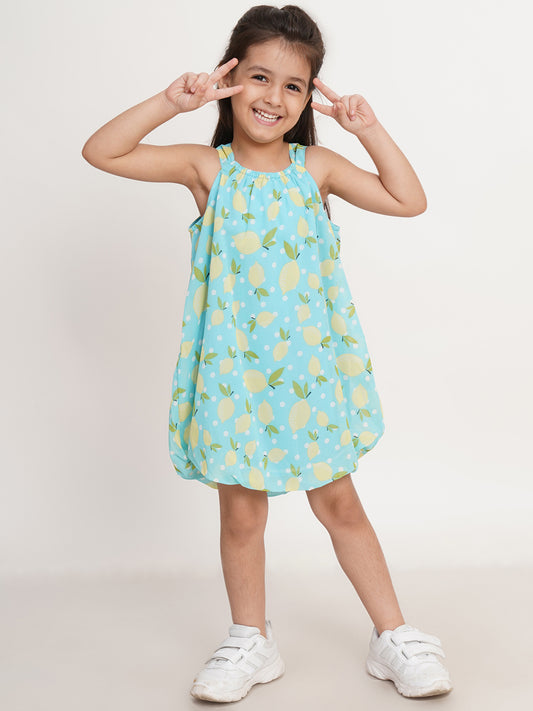 CREATIVE KID'S Girl Green & Yellow Lemon Print Balloon Dress
