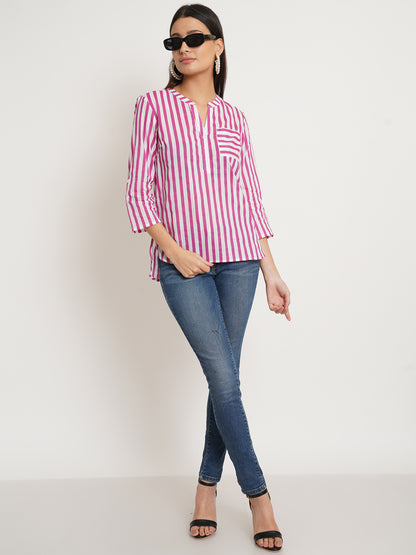 Women Pink & White Stripe Plus Size Top