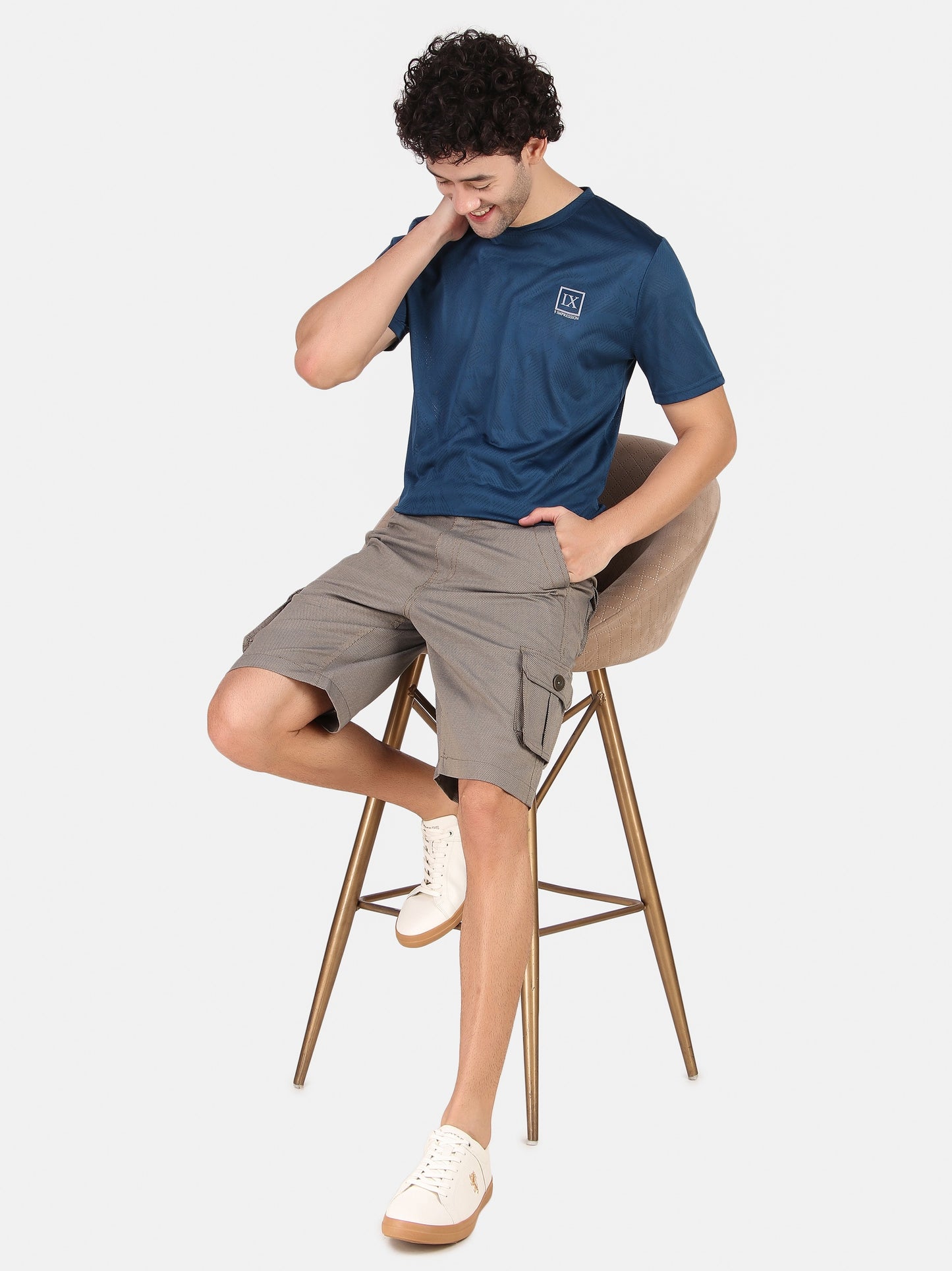 Men Navy Grey Solid Regular Fit Cargo Shorts