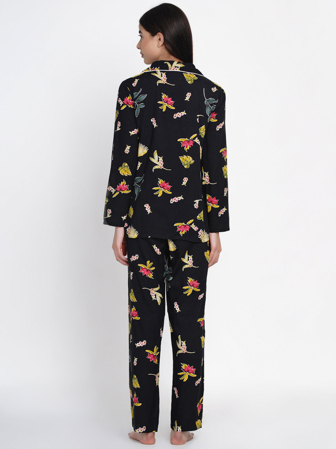 Women Black Floral Print Rayon Pyjama & Shirt Nightsuit Set