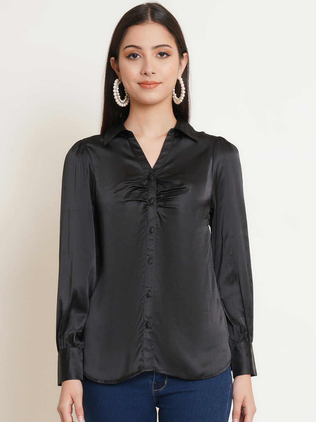 Women Black Solid Satin Full Sleeves Shirt Collared Tops