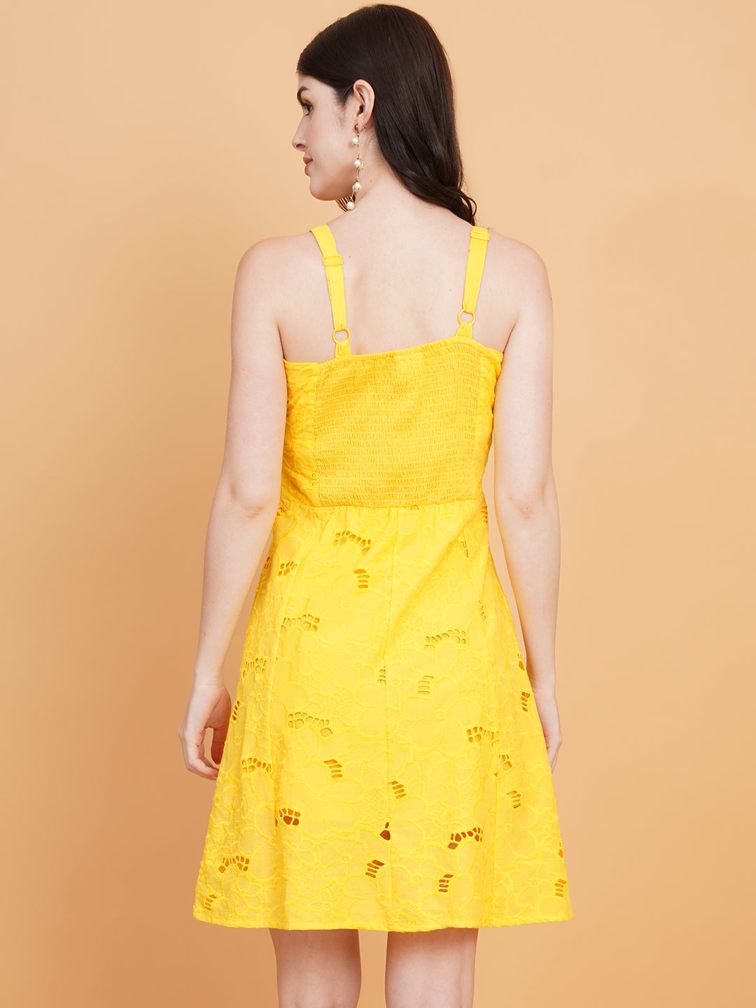 Women Sunshine Yellow Schiffli Cotton Shoulder Strap Dress