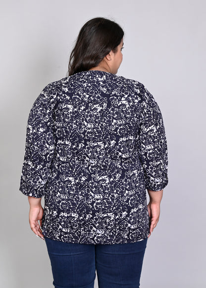 Women Plus Size Navy Blue & White Printed Pintuck Mandarin Collar Longline Top