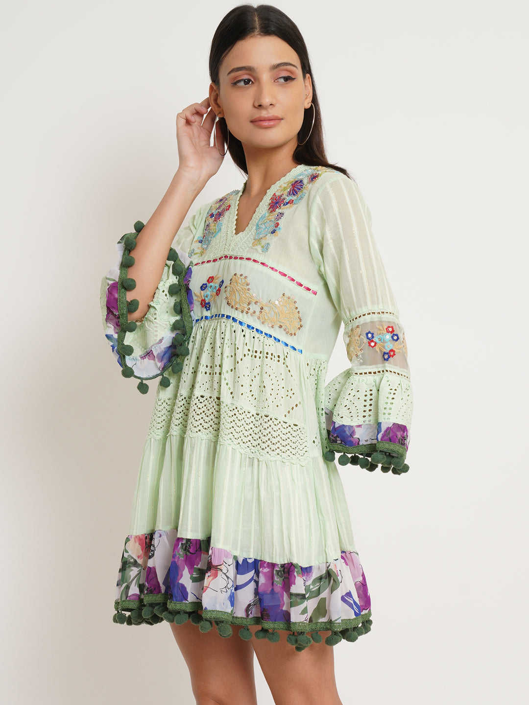 Women Lime Green V-Neck Boho Pom Pom A-Line Dress