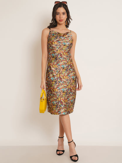 Mustard Abstract Print Satin A-Line Women Dress – 9 Impression