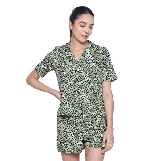 Women's Black & Green Printed Polyester Shorts & Shirt Nightsuit Set