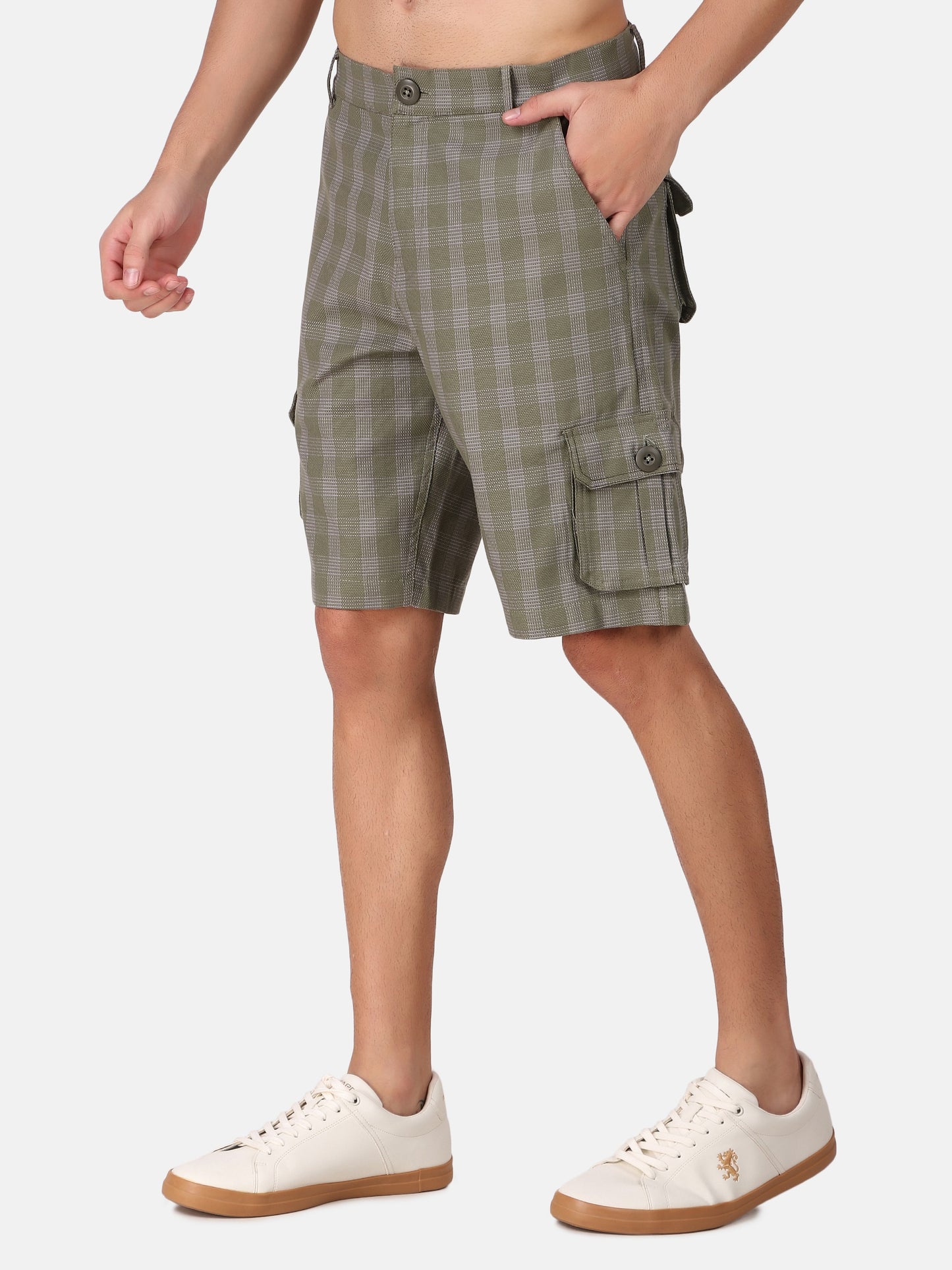 Men Green & Grey Checked Regular Fit Cargo Shorts
