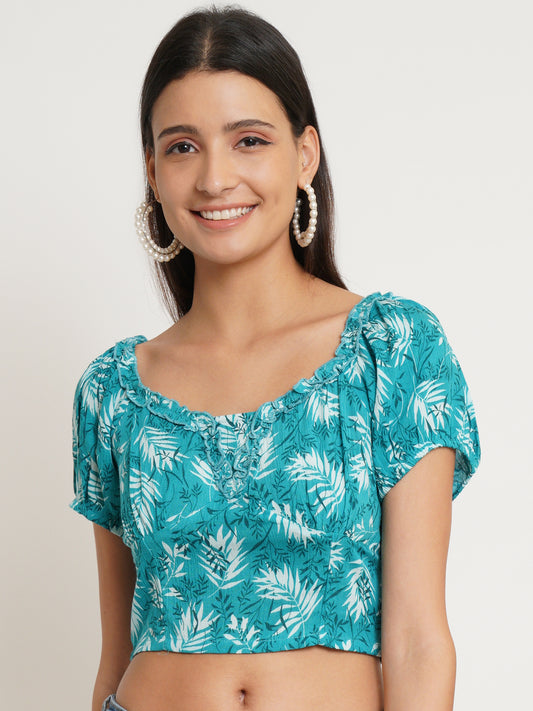 Women Turquoise Blue & White Printed Self Design Smocked Crop Top