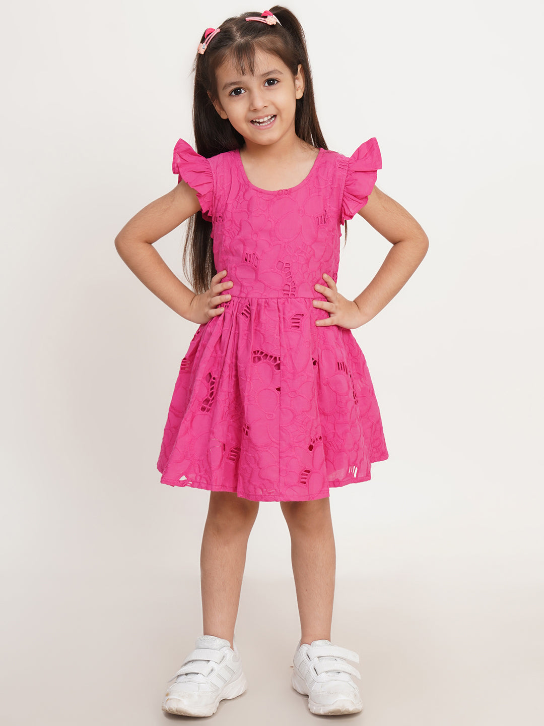 CREATIVE KID'S Girl Pink Cotton Schiffli Fit & Flare Dress