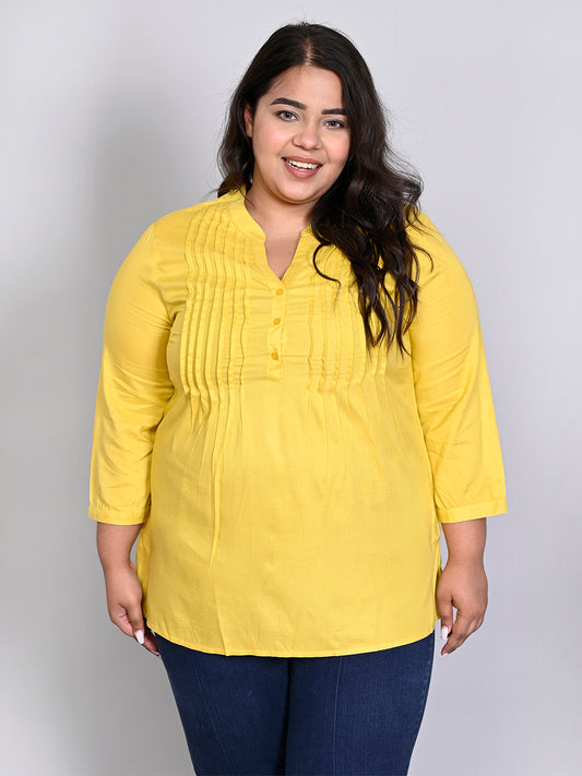Women Plus Size Yellow Solid Pintuck Mandarin Collar Longline Top