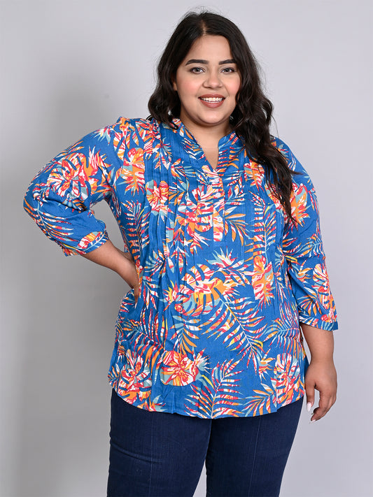 Women Plus Size Blue & Orange Printed Pintuck Mandarin Collar Longline Top