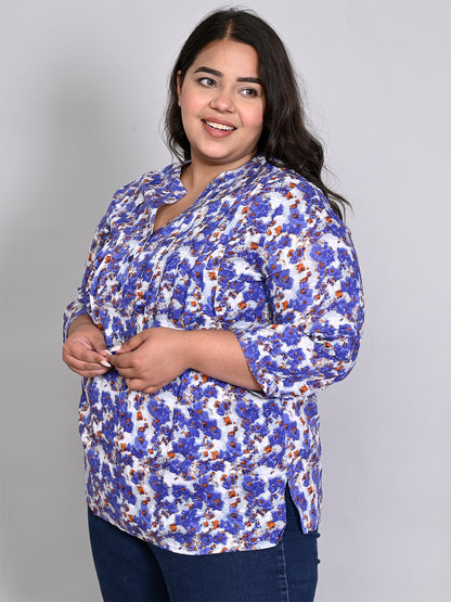 Women Plus Size Blue & White Printed Pintuck Mandarin Collar Longline Top