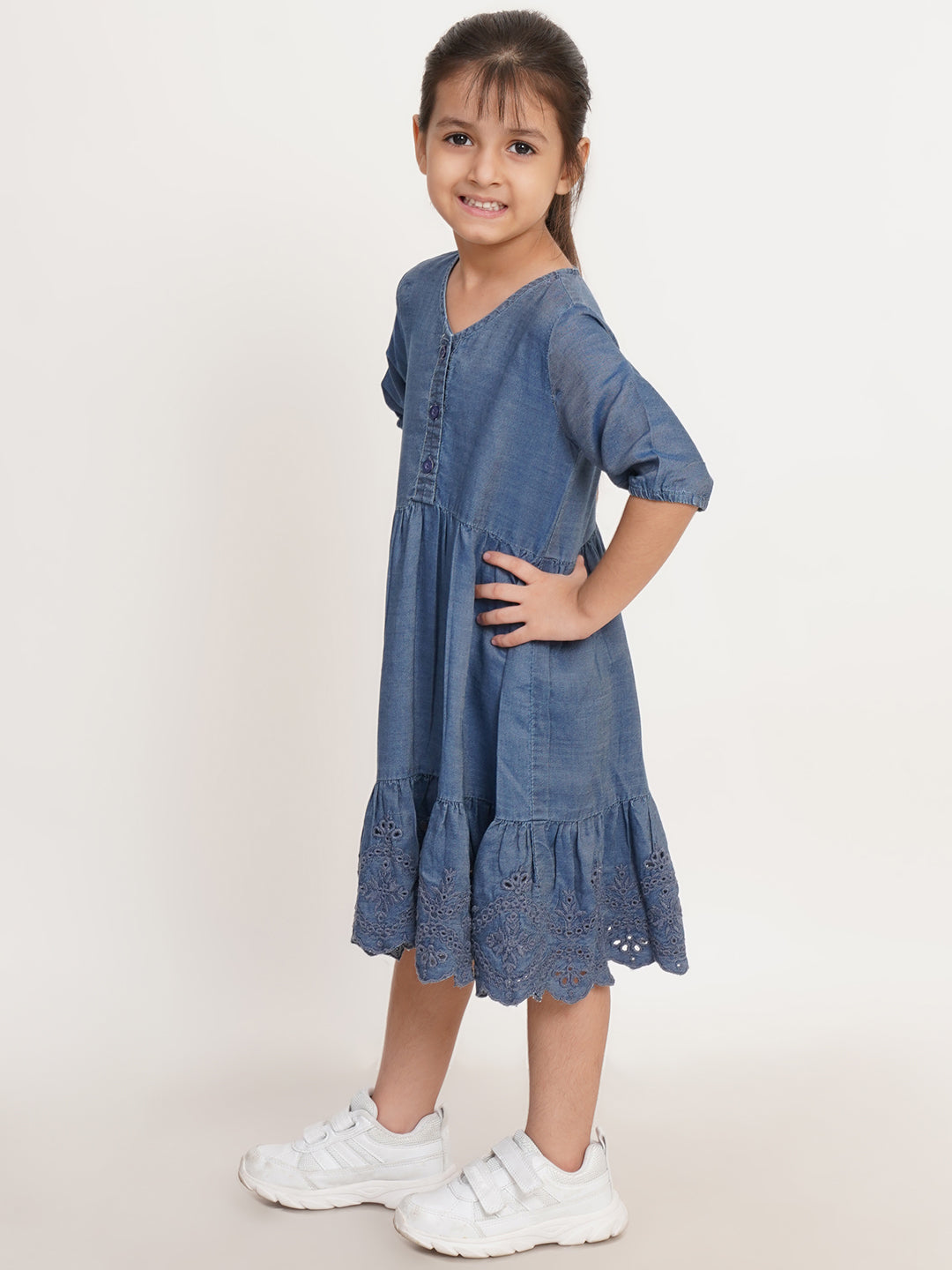 CREATIVE KID'S Girl Navy Blue Schiffli Denim Fit & Flare Dress
