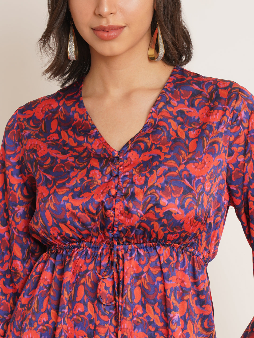 Women Red & Navy Blue Printed Bell Sleeve Drawstring Fit & Flare Dress