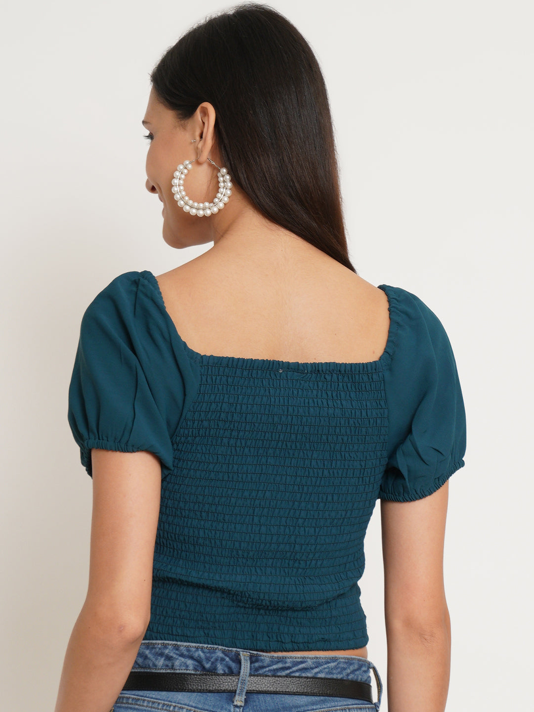 Women Teal Solid Drawstring Front Ditsy Smocked Crop Top