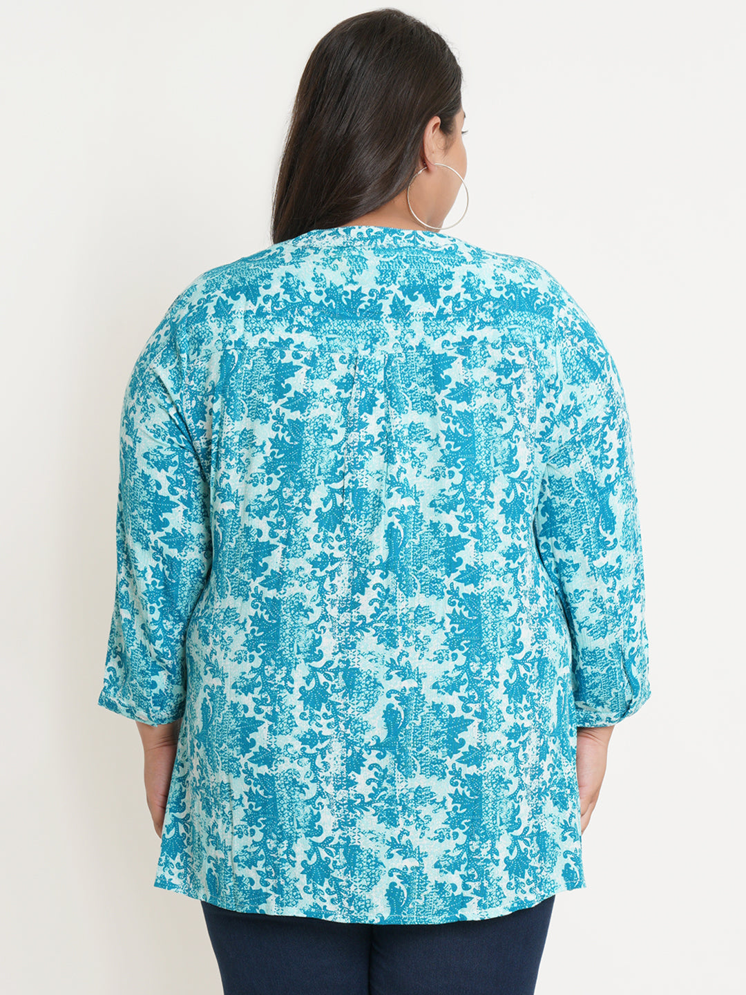 Women Turquoise Blue & White Abstract Printed Mandarin Collar Plus Size Top