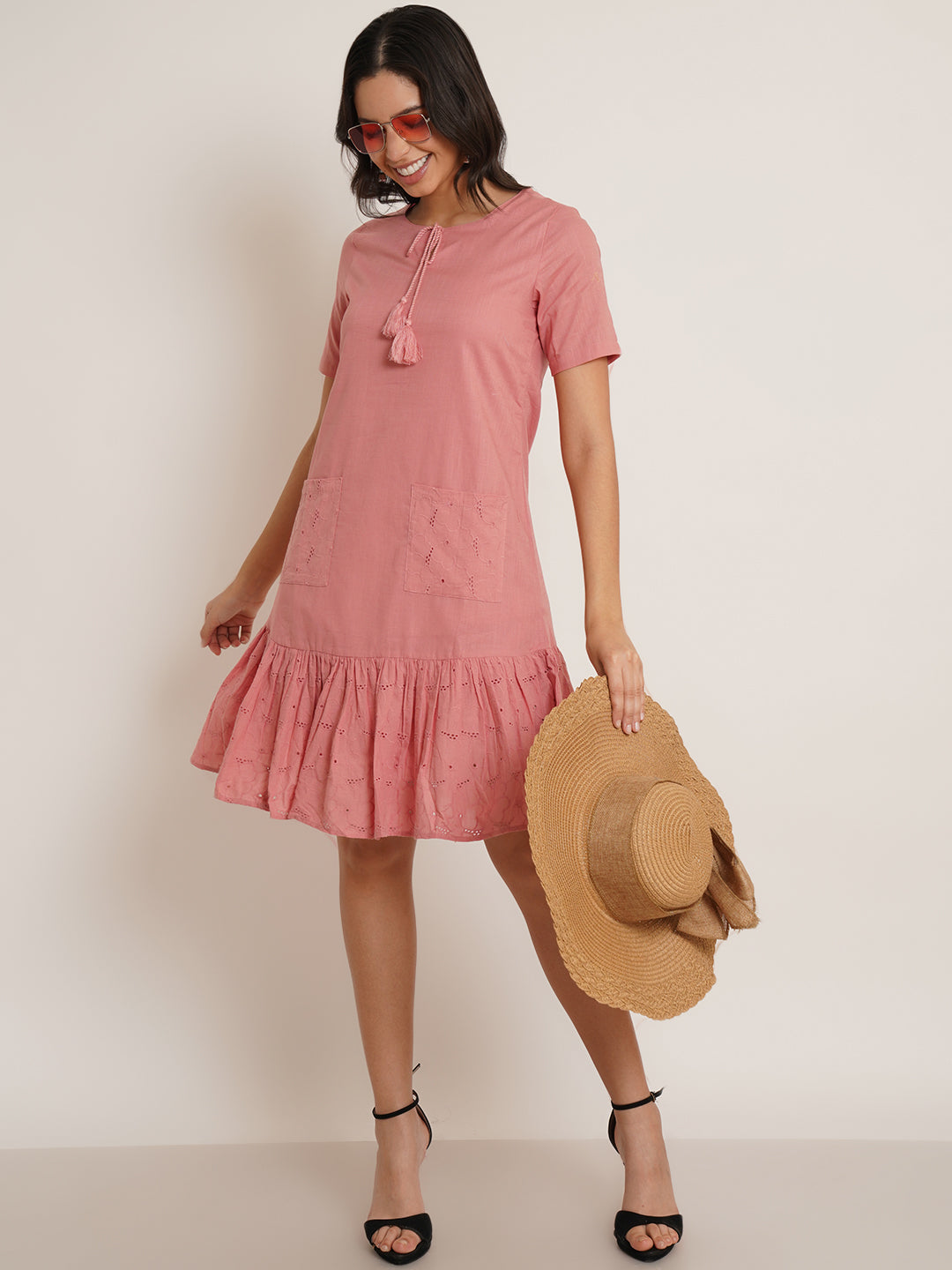 Women Pink Schiffli Tie-Up Neck Dress