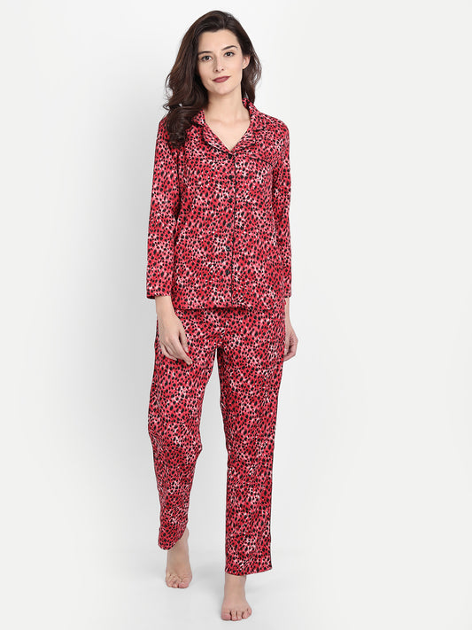 Women Black & Red Animal Print Polyester Pyjama & Shirt Nightsuit Set