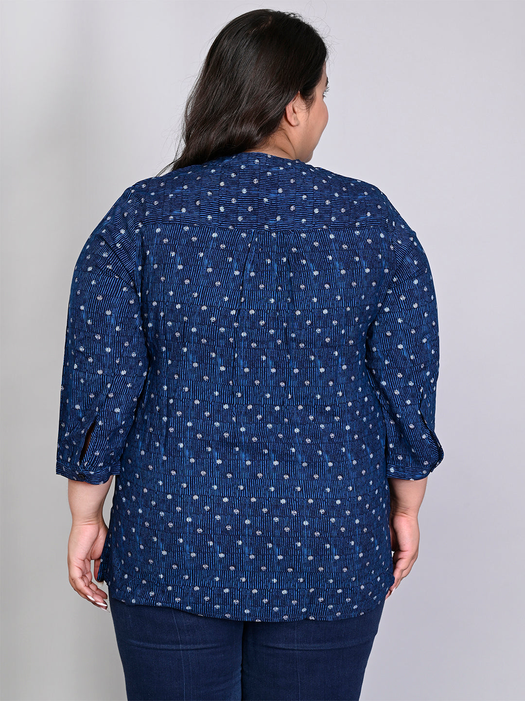 Women Plus Size Blue Printed Pintuck Mandarin Collar Longline Top