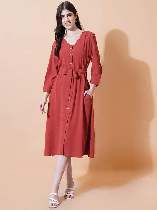 Women Red Solid Drawstring V-Neck Midi Dress