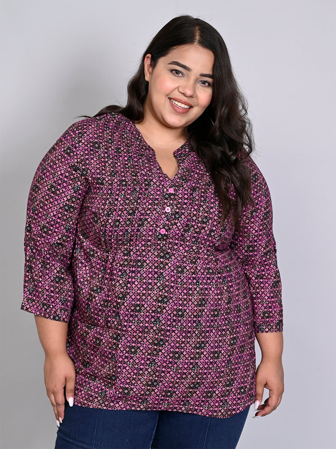 Women Plus Size Pink & Black Printed Pintuck Mandarin Collar Longline Top