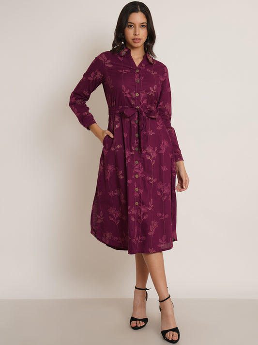 Women Magenta Floral Print Collared Shirt Style Midi Dress
