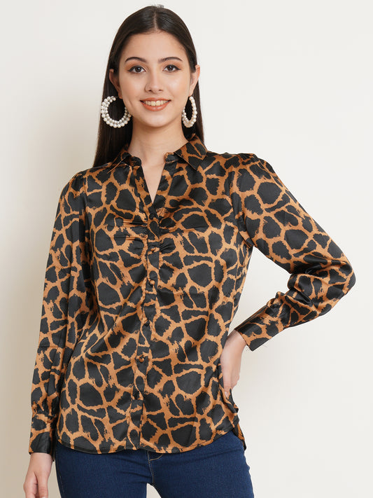 Women Black & Gold Animal Printed Satin Full Sleeves Shirt Collared Tops
