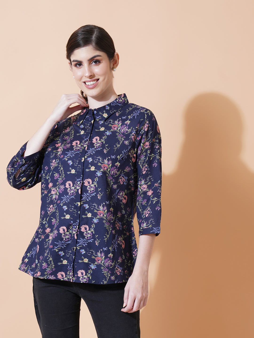 Women Navy Blue & Pink Floral Print Collared Shirt Style Top