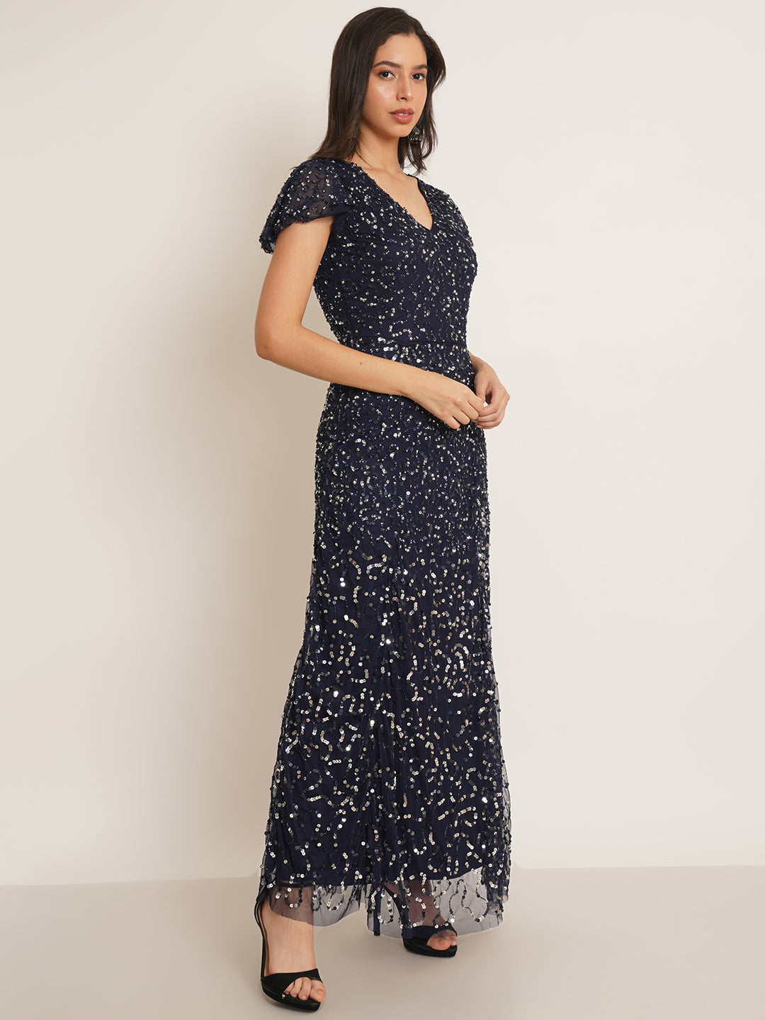 Women Navy Blue Embellished Flutter Sleeves V-Neck Maxi Dress