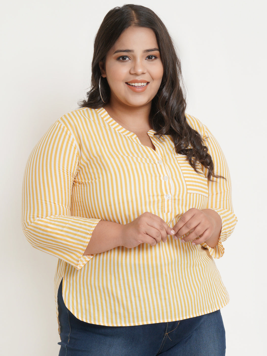 Women Yellow & White Stripe Mandarin Collar Plus Size Top