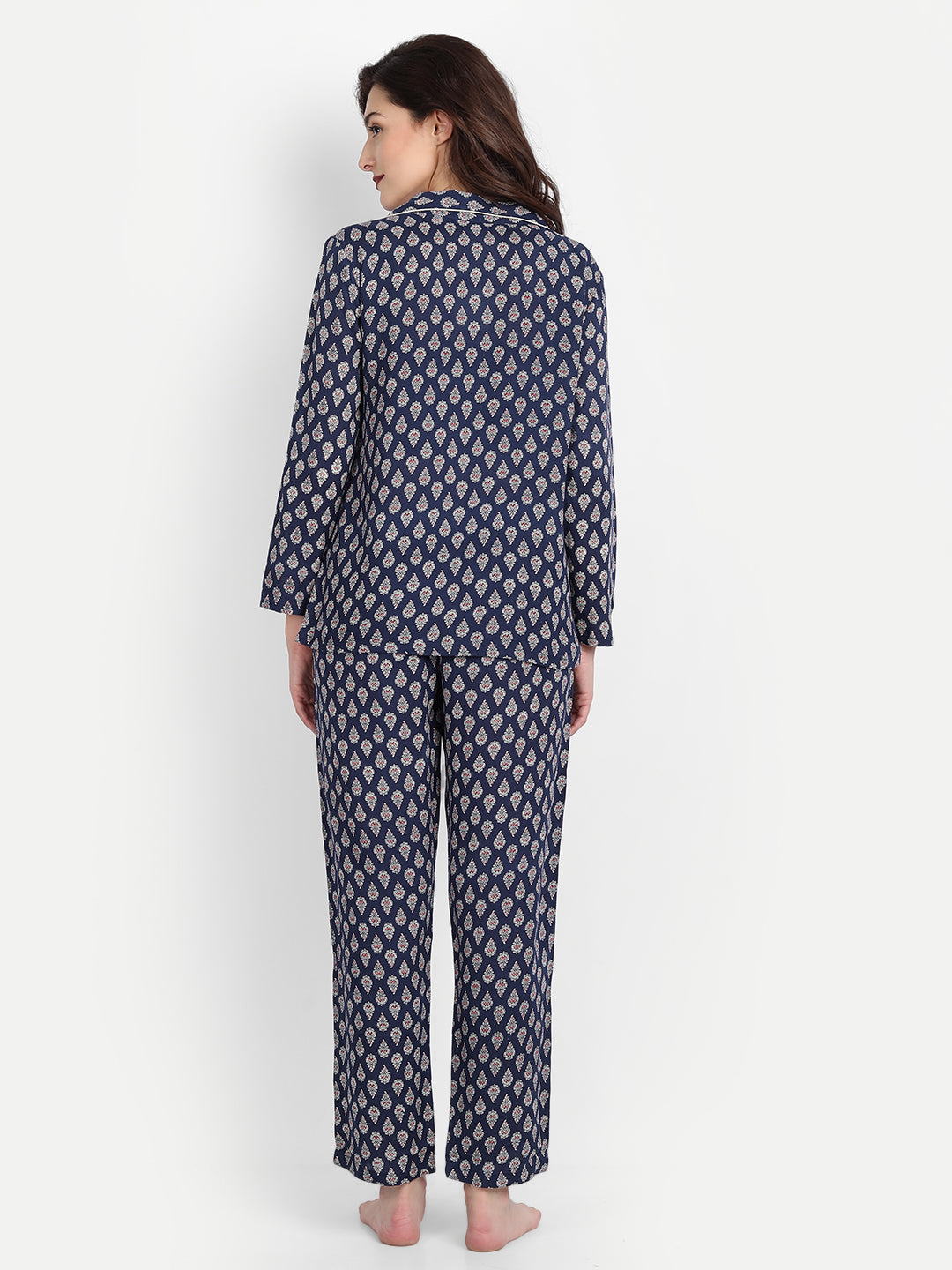 Women Navy Paisley Print Rayon Pyjama & Shirt Nightsuit Set