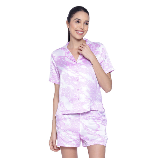 Women's Purple & White Printed Satin Shorts & Shirt Nightsuit Set