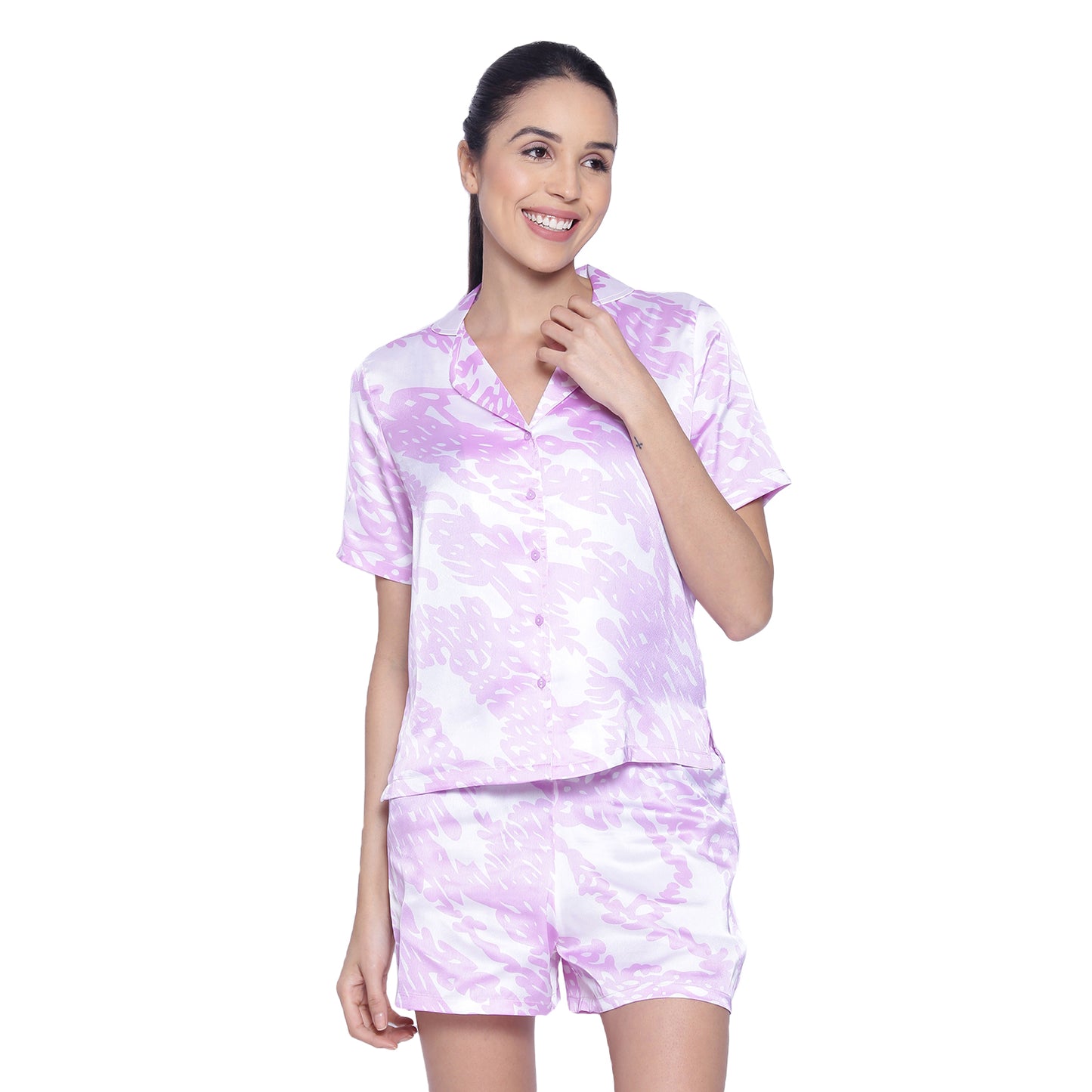 Women's Purple & White Printed Satin Shorts & Shirt Nightsuit Set